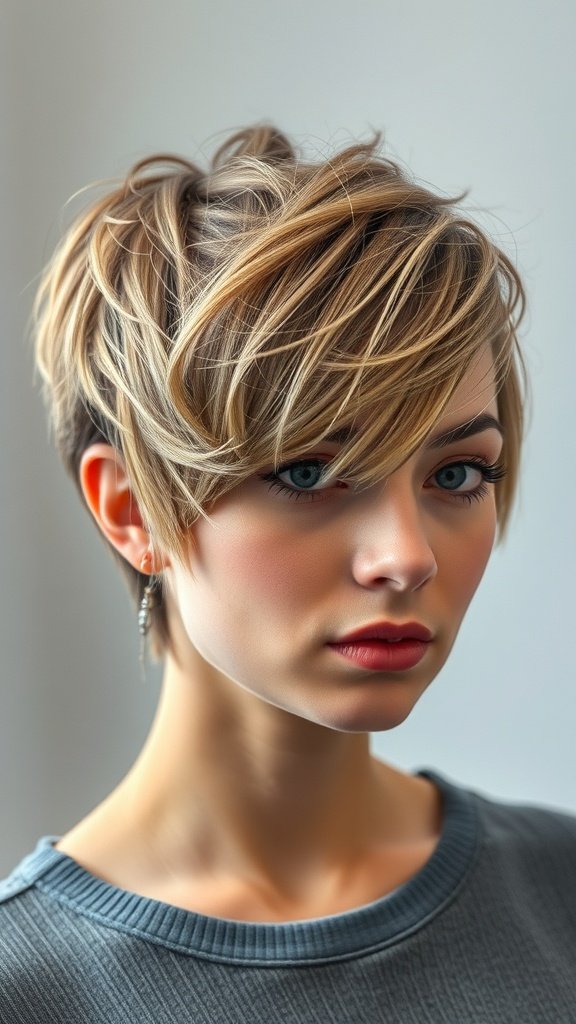A woman with a shaggy pixie cut featuring chunky lowlights, looking stylish and confident.