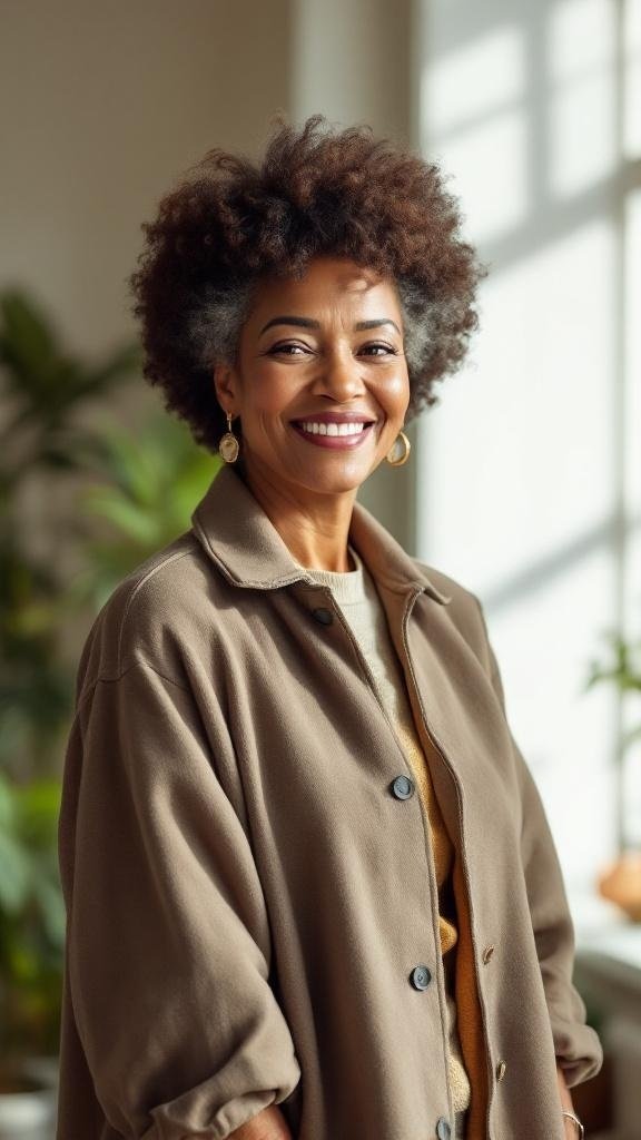 A woman with short afro-textured curls, smiling confidently in a cozy outfit.