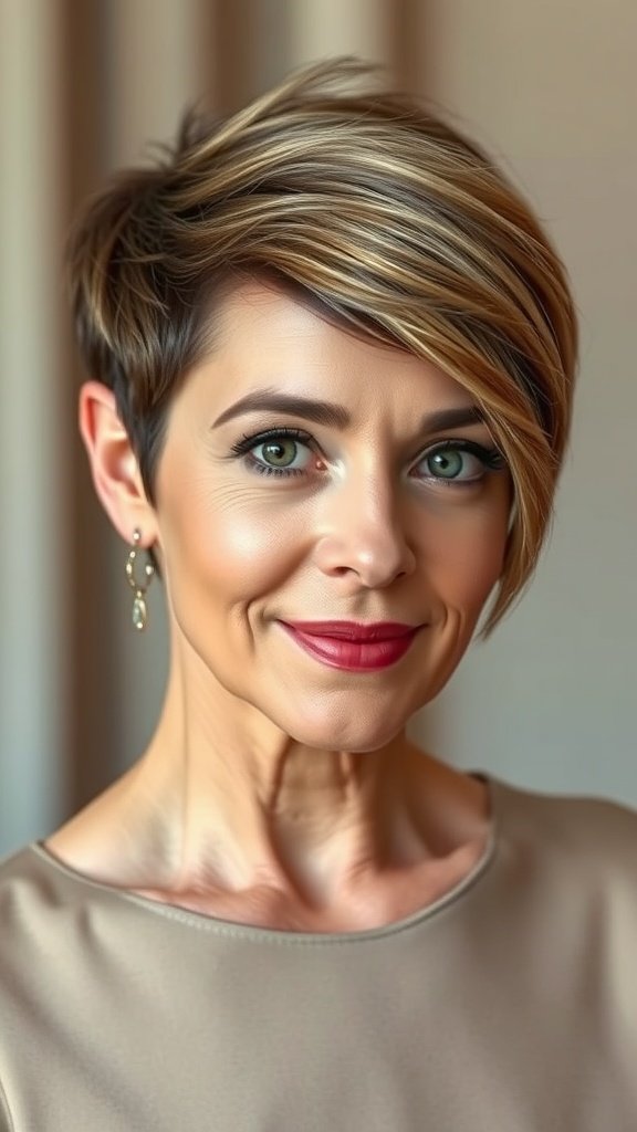 A woman with a short asymmetrical haircut and deep side part, showcasing a chic and modern style.