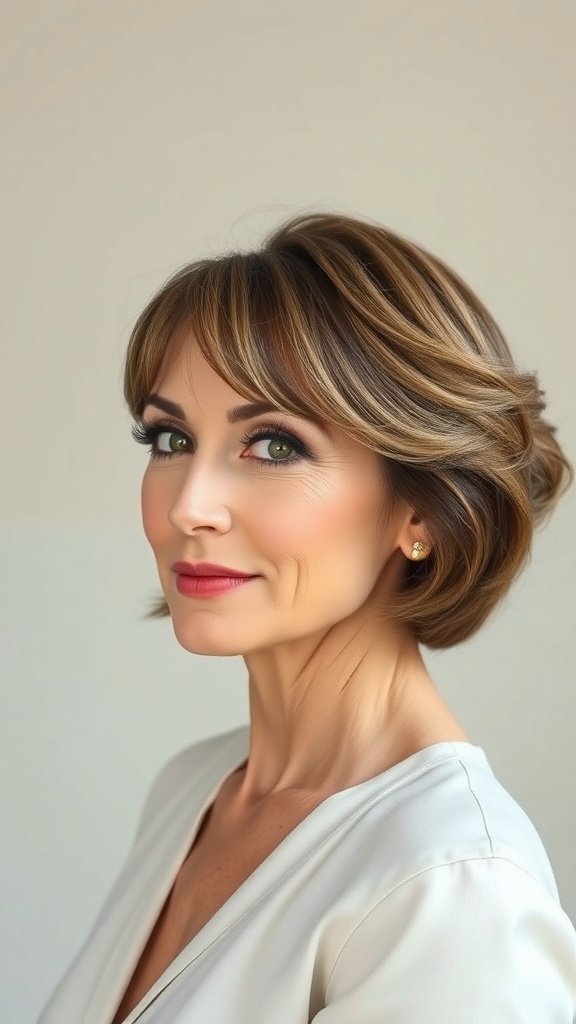 A woman with a short bouffant hairstyle and full bangs, showcasing a youthful and elegant look.