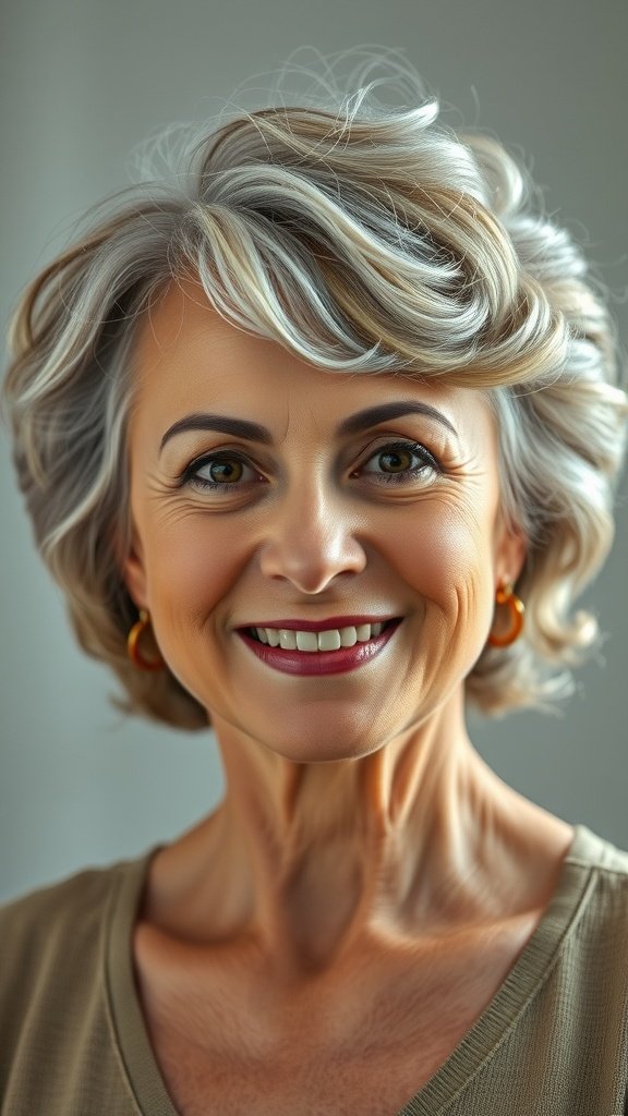 A smiling older woman with a short curly bob hairstyle featuring textured curls and highlights.
