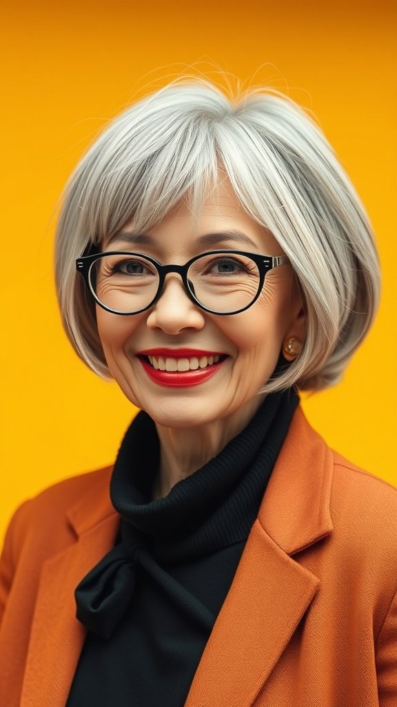 A woman over 70 with a short rounded bob hairstyle and full bangs, wearing glasses and a stylish outfit.