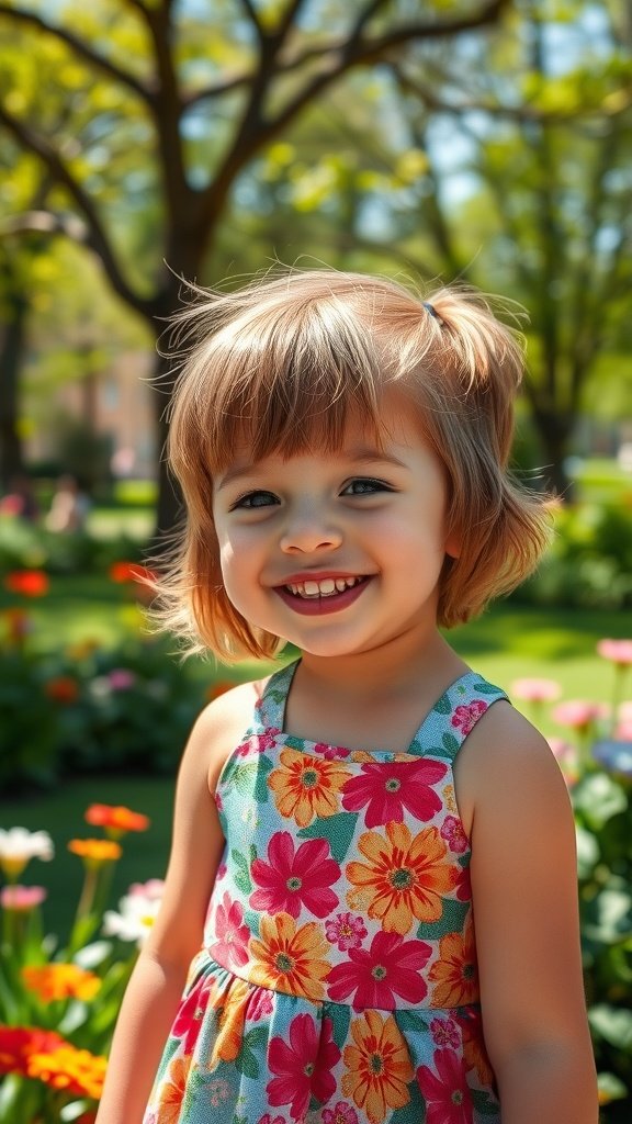 A young girl with a short shag mullet hairstyle, smiling in a colorful floral dress surrounded by flowers.