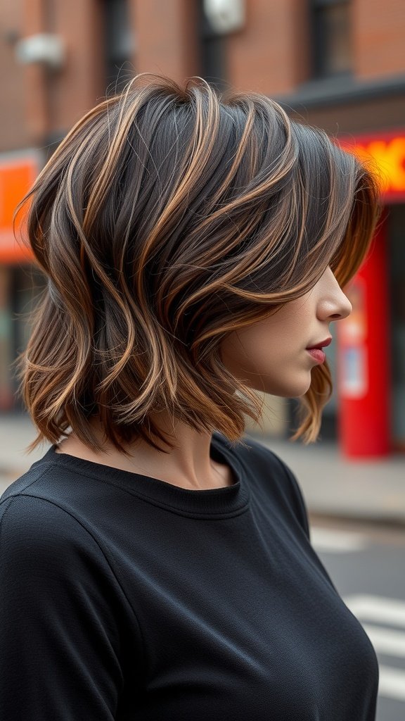 Shoulder-length shag haircut with mahogany lowlights, showcasing layers and texture.