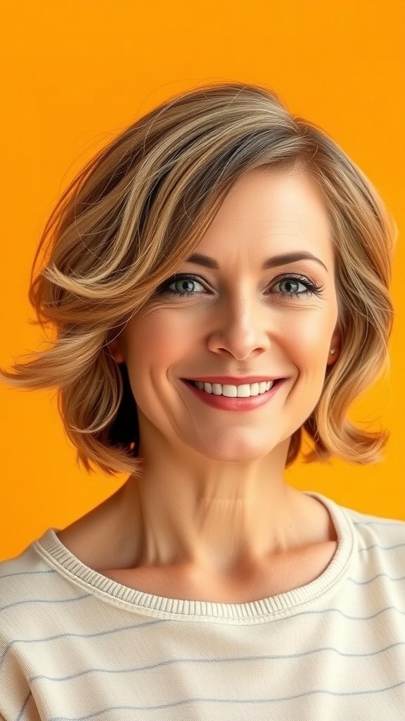 A woman with a side-parted bob hairstyle featuring curly ends, smiling against a bright orange background.
