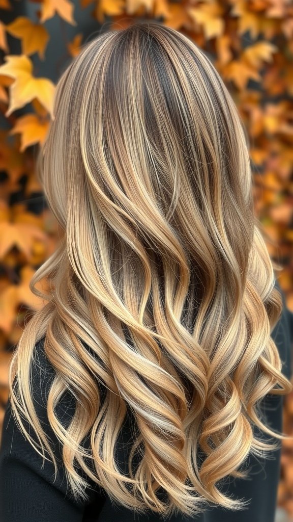 A woman with long, wavy hair featuring a balayage of sandy blonde and golden highlights, set against a backdrop of autumn leaves.