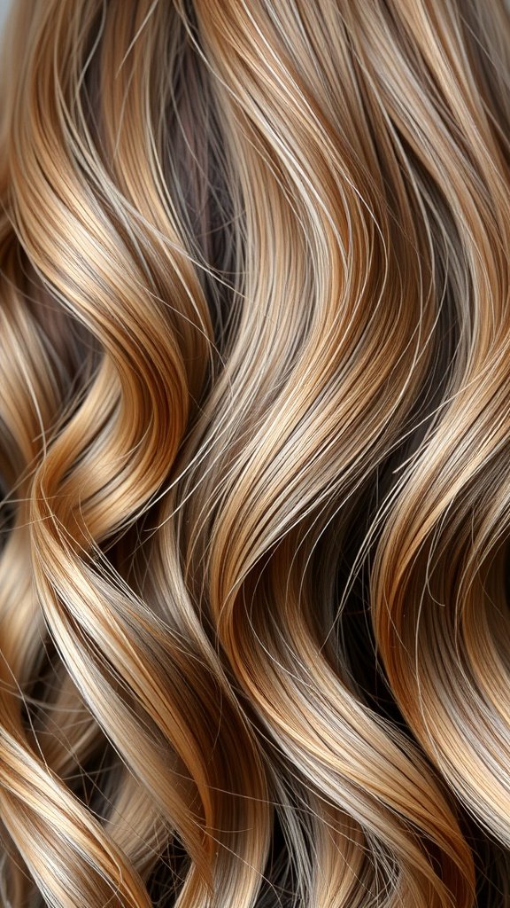 Close-up of silky ash brown highlights on light brown hair, showcasing soft waves and vibrant texture.