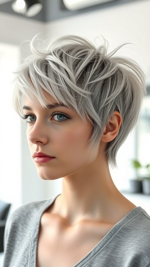 A woman with a silver shaggy pixie haircut, showcasing layers and texture.