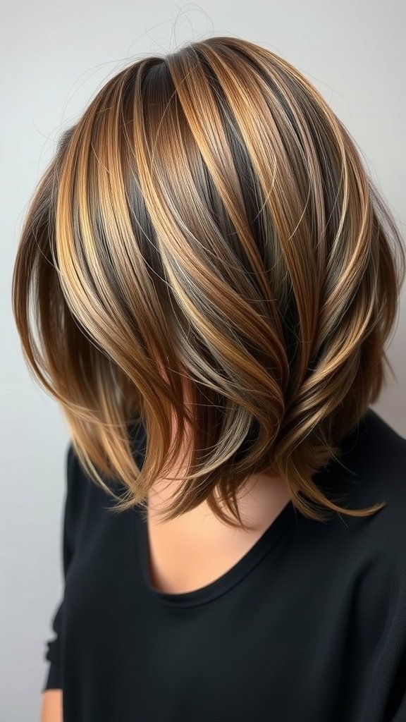 A close-up view of a graduated bob haircut featuring sliced layers and a mix of warm and dark hair colors.