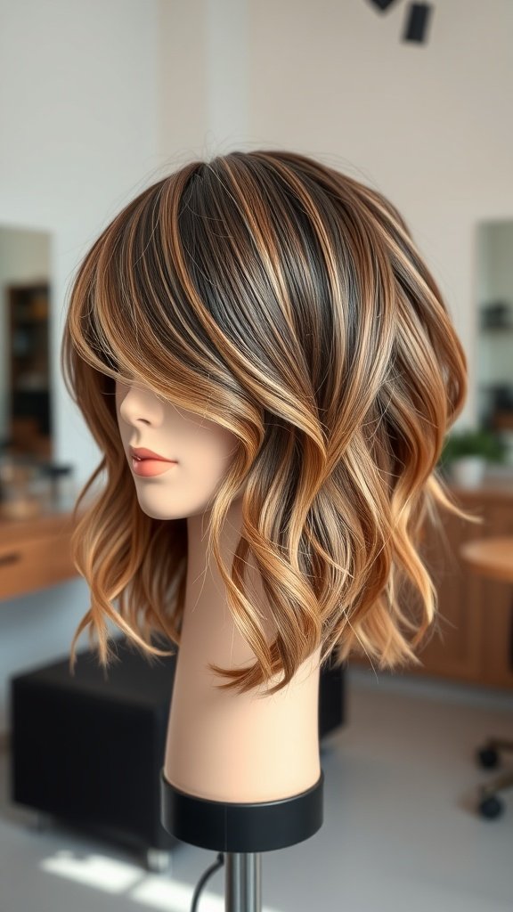 A slightly stacked lob hairstyle with soft waves and highlights, displayed on a mannequin.