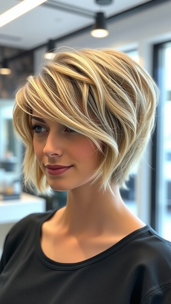 A woman with a soft pixie bob hybrid hairstyle, featuring light blonde highlights and soft layers.