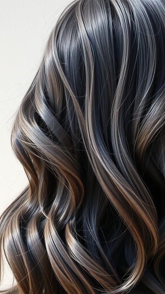 Dark brown hair with smoky gray balayage highlights styled in soft waves.
