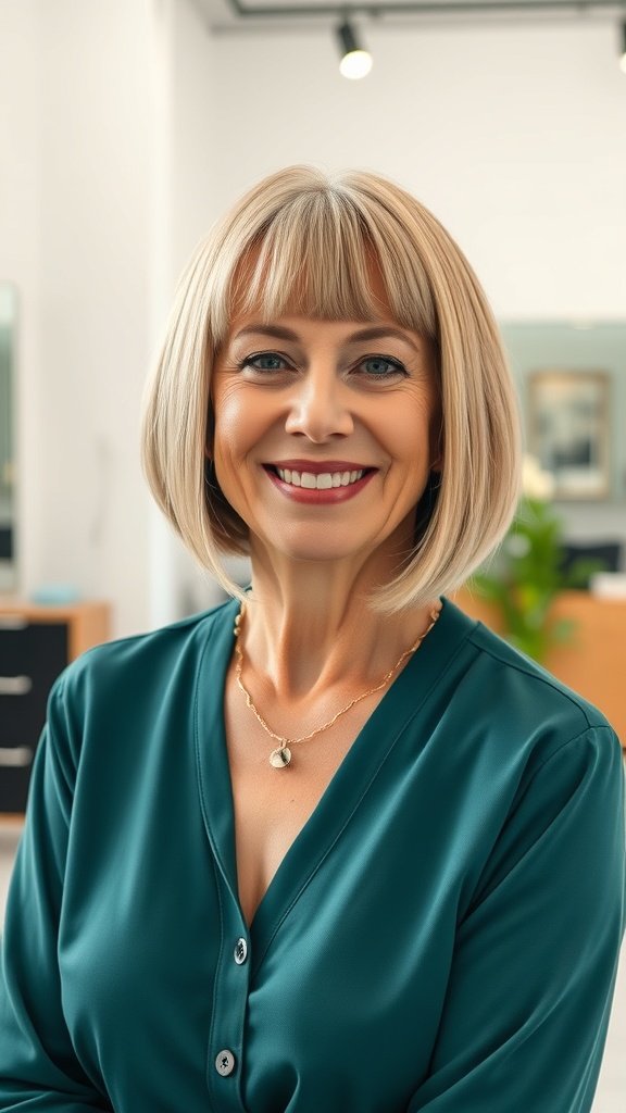 A woman with a straight bob hairstyle featuring a subtle flip, smiling confidently.
