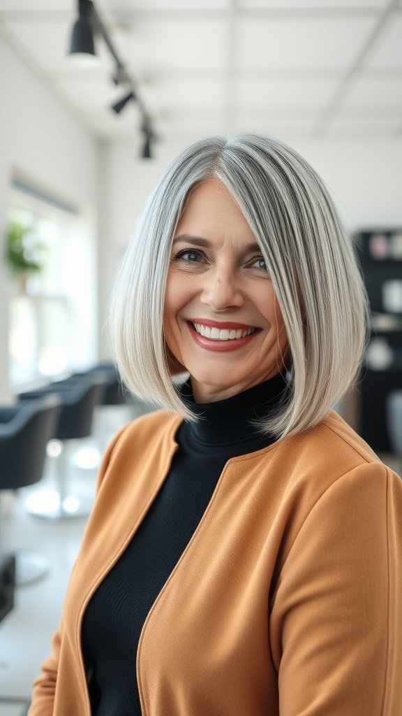 A woman over 60 with a straight bob hairstyle featuring a subtle flip, smiling confidently.
