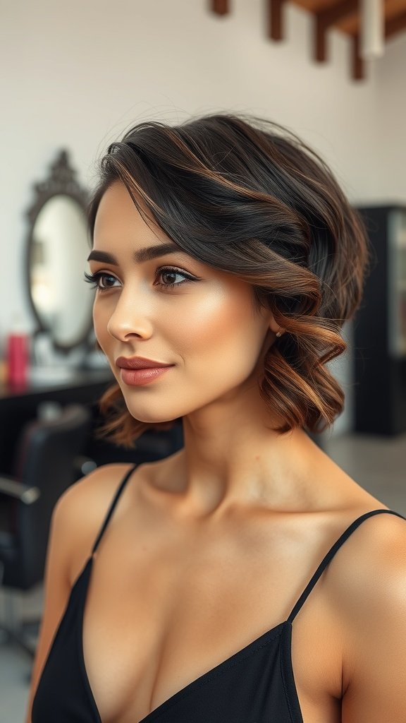 A woman with sleek short hair styled in subtle waves, showcasing a modern perm look.