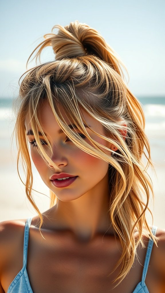 A woman with textured beach waves styled in a high ponytail, enjoying a sunny day by the beach.