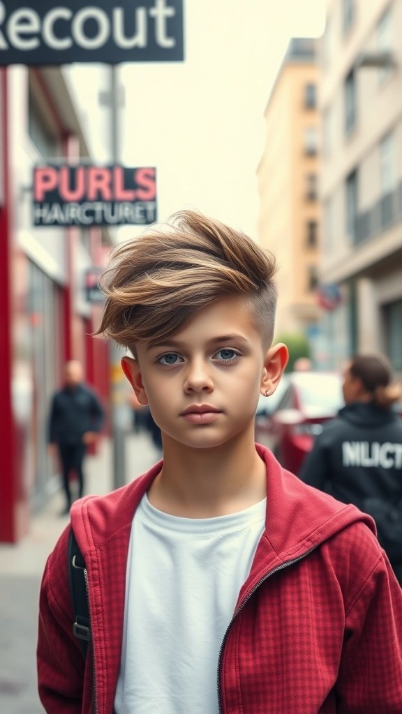 A young boy with a thick quiff hairstyle and drop fade, standing on a city street.