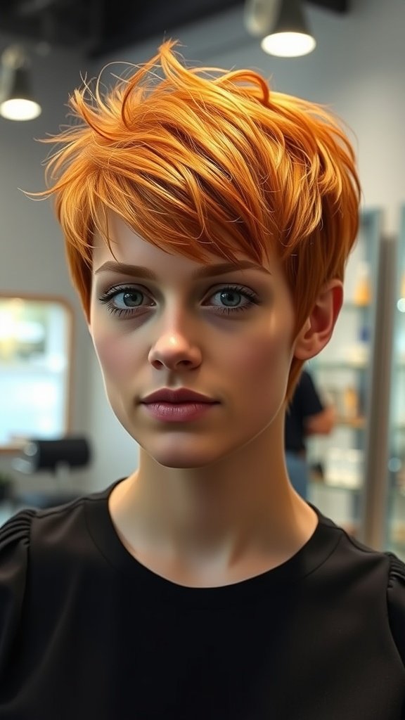 A young woman with a tousled ginger pixie cut, showcasing a vibrant and stylish hairstyle.