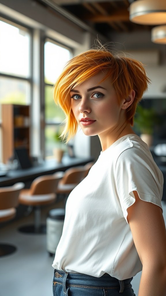 A woman with a tousled ginger pixie cut, showcasing a vibrant hairstyle in a modern setting.