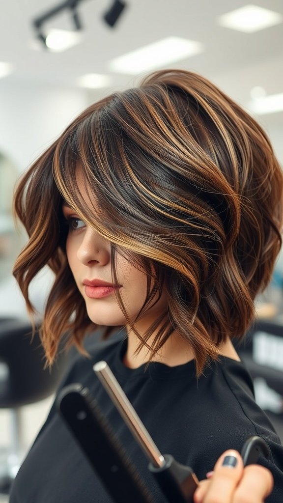 A woman with a tousled shag haircut featuring rounded volume and warm highlights.