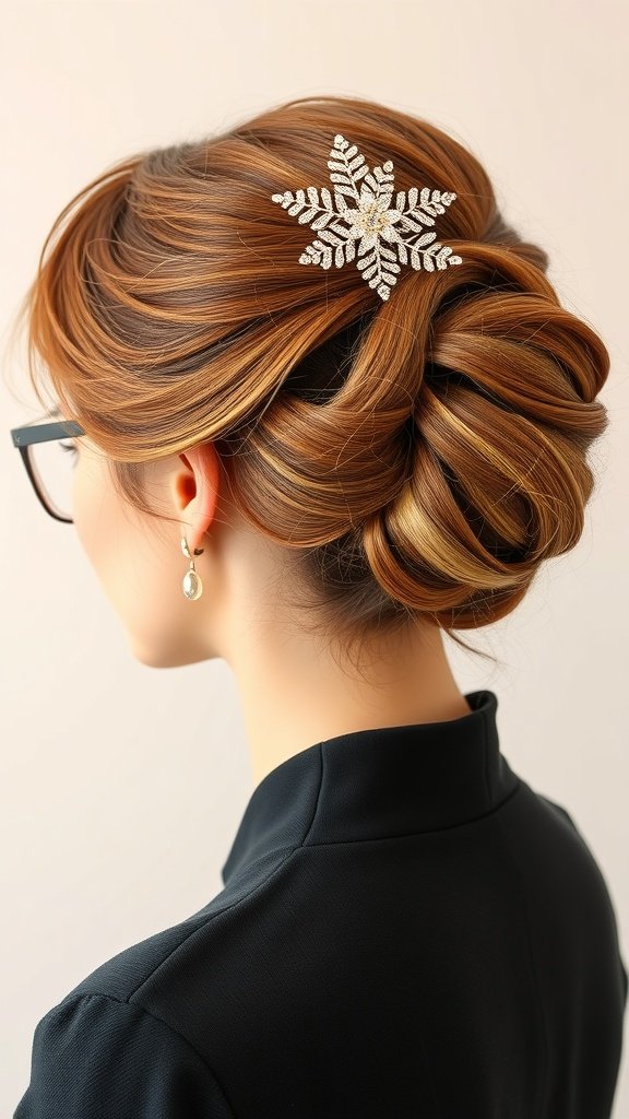 A woman with a twisted updo hairstyle adorned with a delicate snowflake hair accessory, wearing glasses.