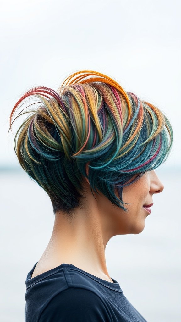 A woman with a two-tone pixie hairstyle featuring a stacked back, showcasing vibrant colors.