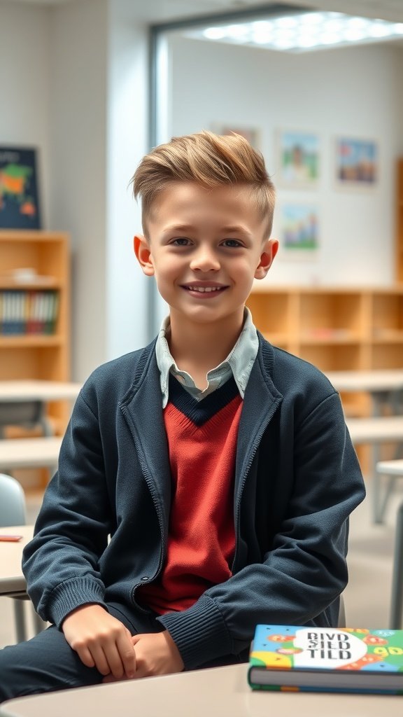 A young boy with a V-Cut Neckline hairstyle, smiling in a classroom setting.