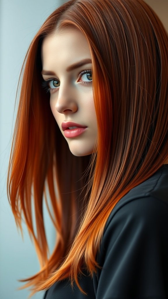 A woman with vivid auburn straight hair, showcasing a sleek hairstyle.
