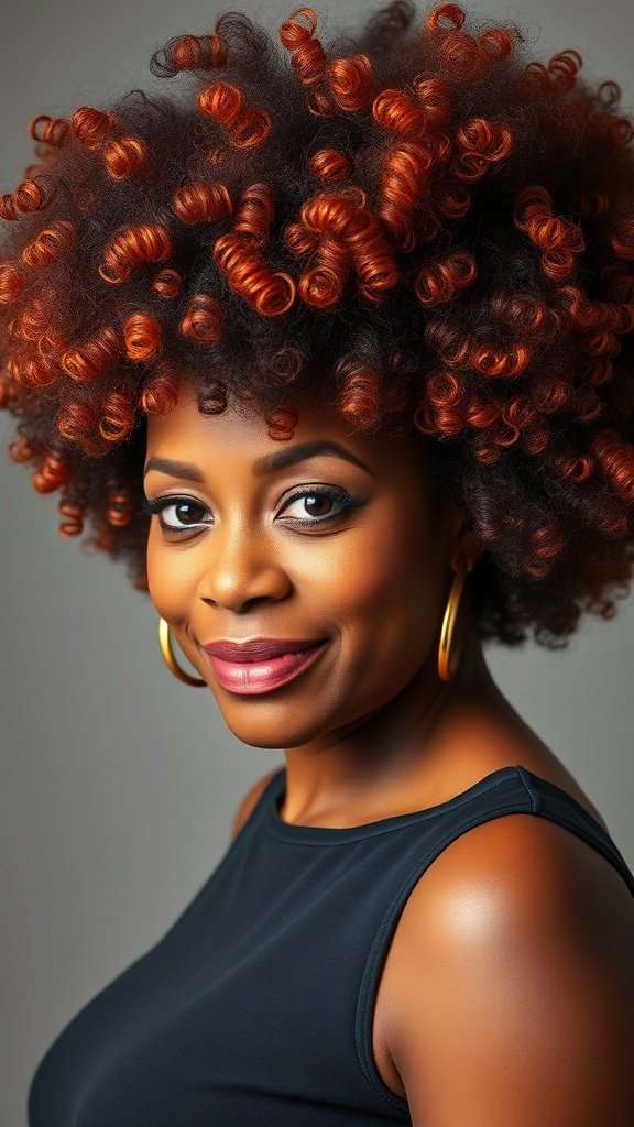 A woman with a voluminous curly afro hairstyle, showcasing rich, warm tones and a confident smile.