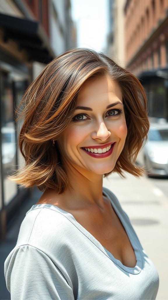 A woman with a wavy bob hairstyle and sideburns, smiling in an urban setting.