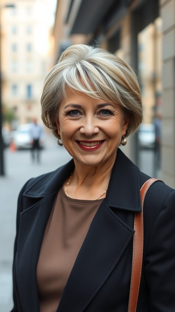A stylish older woman with a wedge cut and side-parted bangs, smiling in a city setting.
