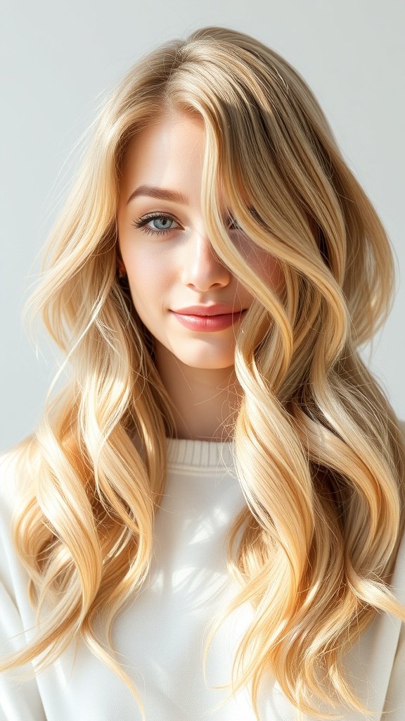 A woman with long, wavy wheat blonde hair with beige tones, smiling softly.