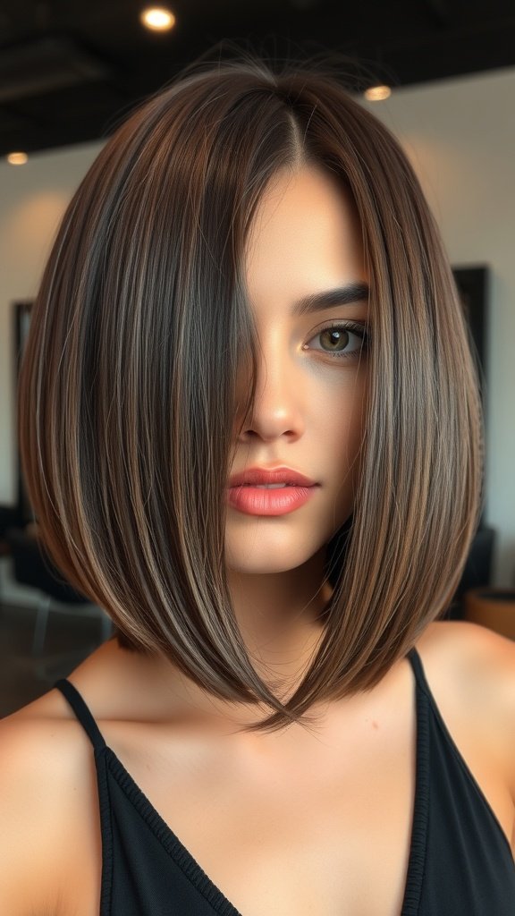 A woman with an A-Line bob featuring a soft hush cut, showcasing smooth, shiny hair.