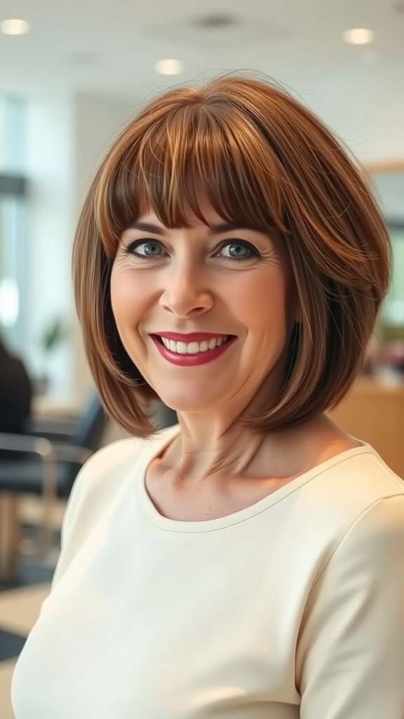 A woman with an A-Line Bob hairstyle featuring a heavy fringe, smiling confidently.