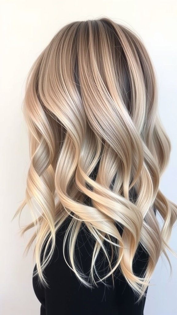 A hairstyle featuring ash blonde hair with bold black streaks, styled in soft waves.