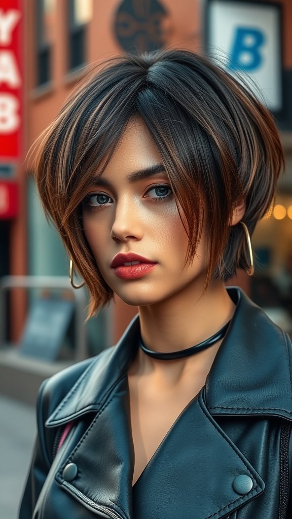 A young woman with an asymmetrical bob hairstyle featuring choppy layers and side bangs, wearing a leather jacket.
