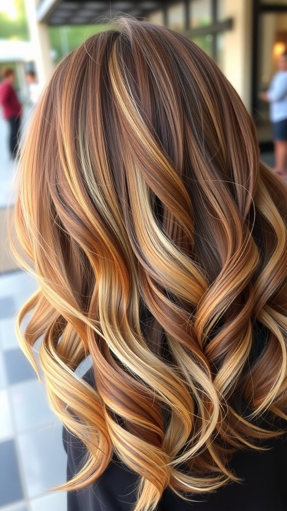 A beautiful hairstyle featuring auburn hair with blonde balayage highlights, styled in loose curls.