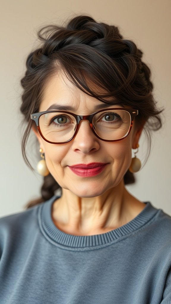A woman over 50 with glasses wearing a braided crown hairstyle with wisps.
