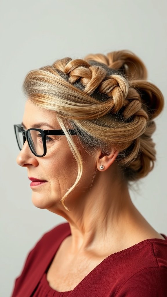 A woman over 50 with glasses showcasing a braided updo hairstyle with a side part.