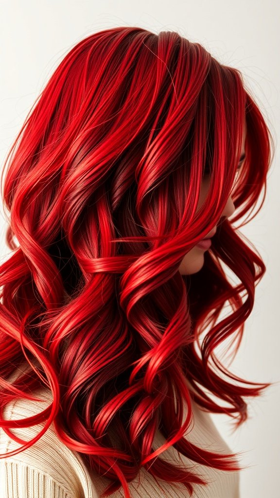 A woman with bright red hair and dark roots styled in loose curls.