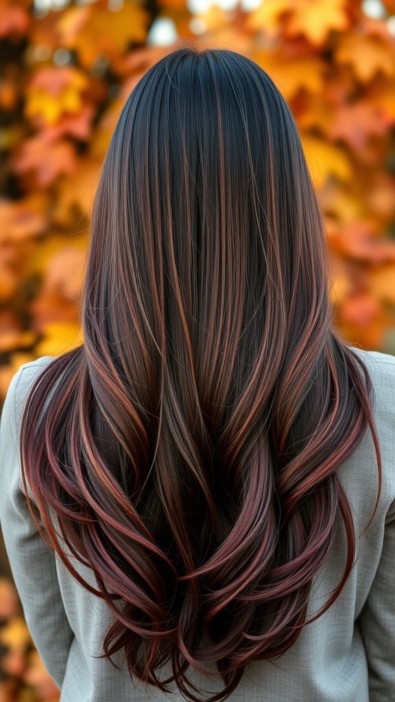Long brunette hair with burgundy tips styled in soft waves