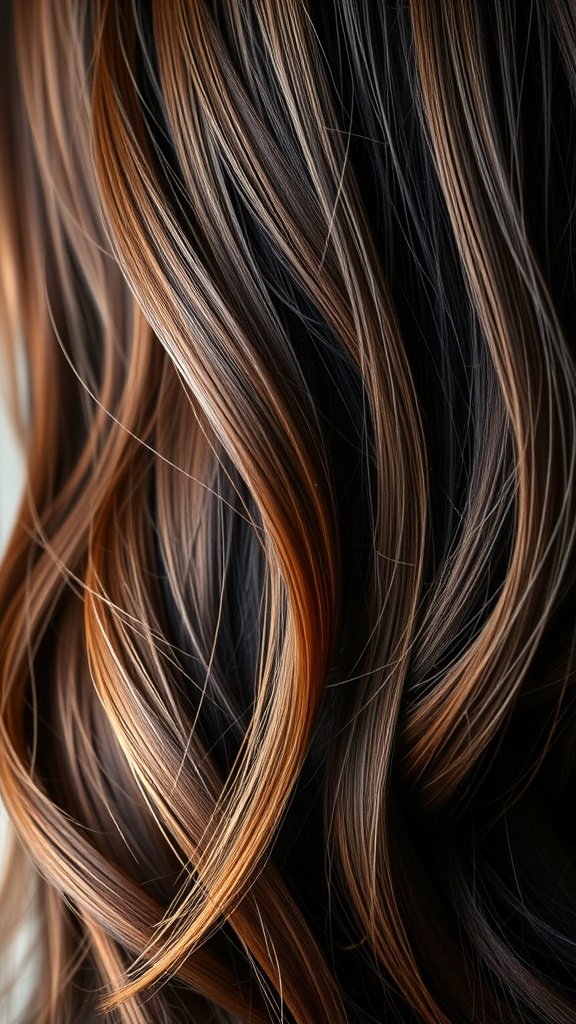 Dark brown hair with butterscotch and caramel highlights in soft waves