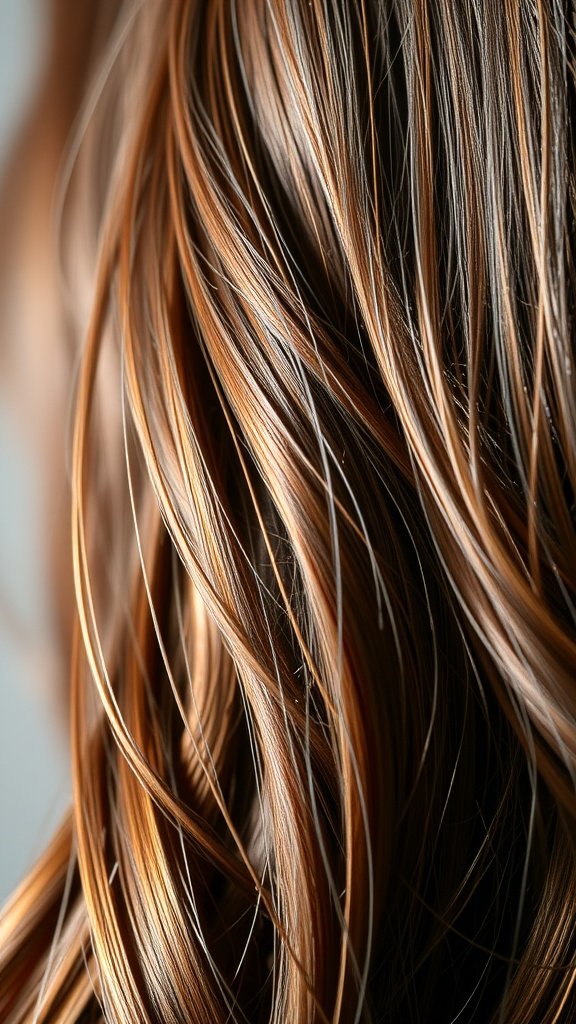 Close-up of deep brown hair with caramel highlights, showcasing soft waves.