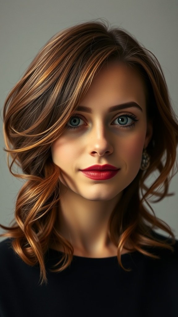 A woman with medium-length hair styled in glossy pin curls with chestnut highlights.