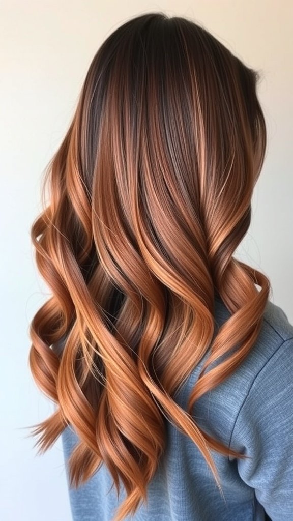 A beautiful hairstyle showcasing a chestnut to copper gradient with soft curls.