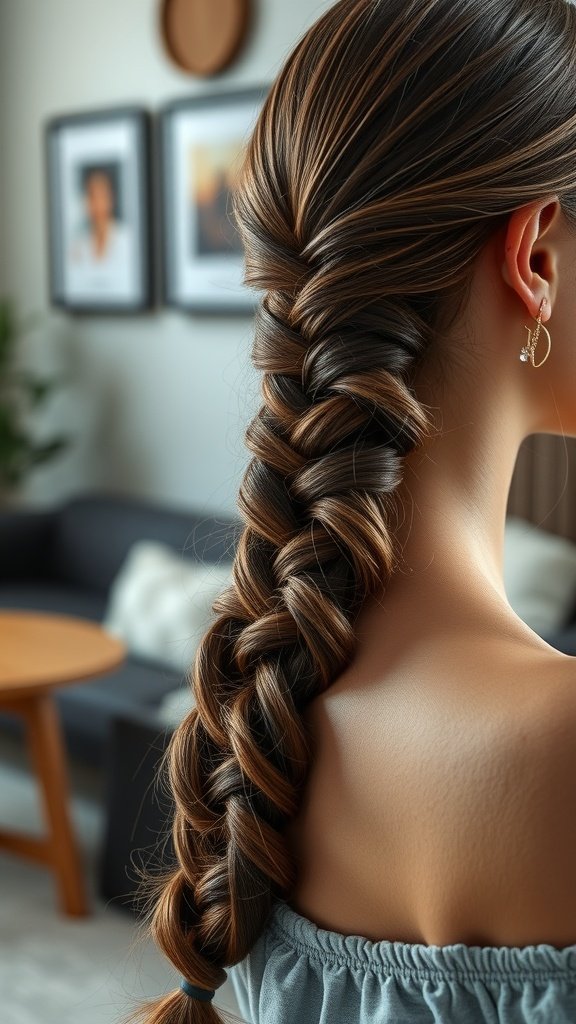 A close-up of a chocolate brown fishtail braid hairstyle, showcasing the intricate weaving and glossy finish of the hair.