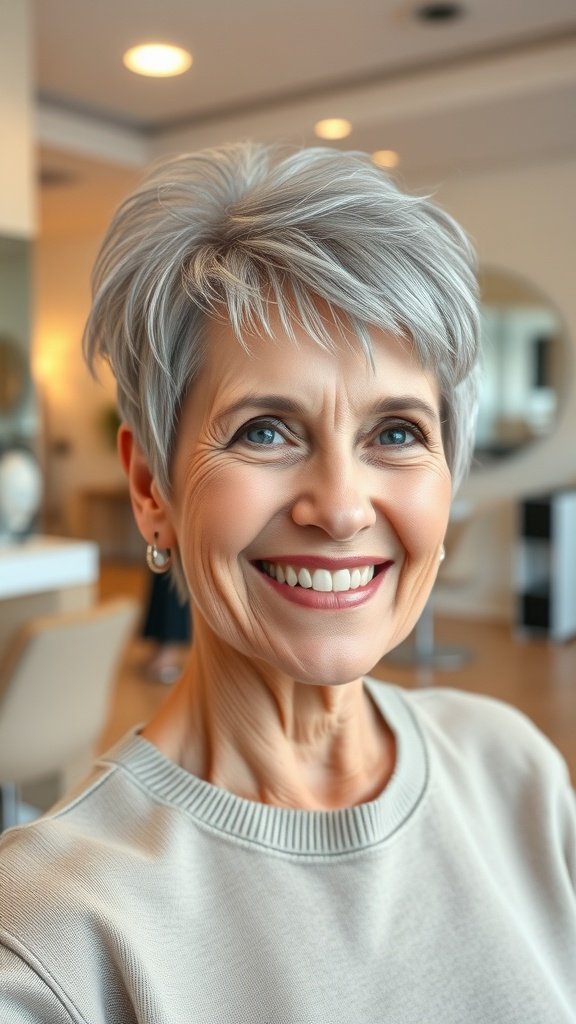 A smiling older woman with a choppy pixie haircut and sideburns, showcasing a stylish and confident look.