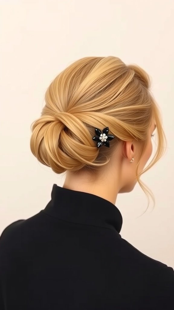 A classic bun hairstyle for long hair, adorned with a decorative clip.