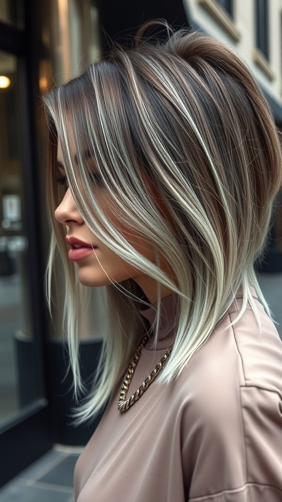 A woman with cool ash brown hair featuring icy blonde highlights, styled in soft waves.