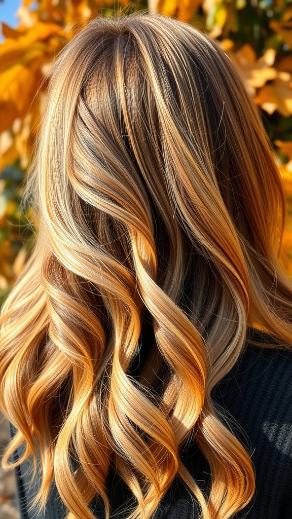 A close-up view of long, wavy hair featuring copper-tinged blonde balayage against a backdrop of autumn leaves.